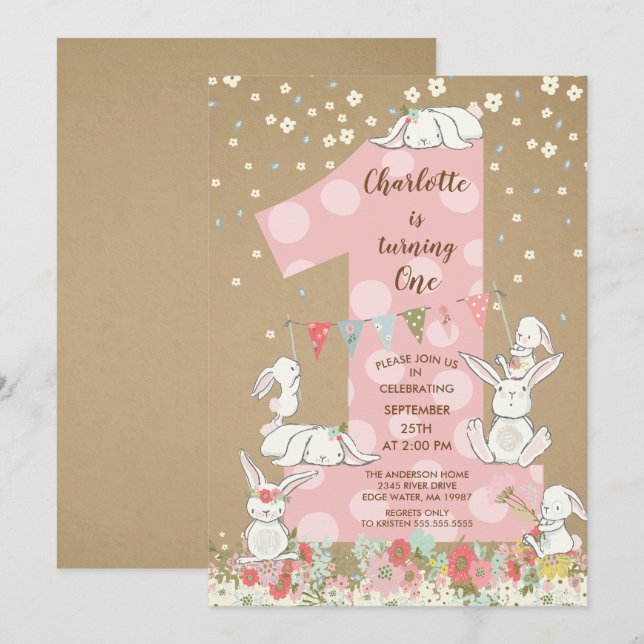 Kraft Bunny Big One Girls Birthday Invitation (Front/Back)