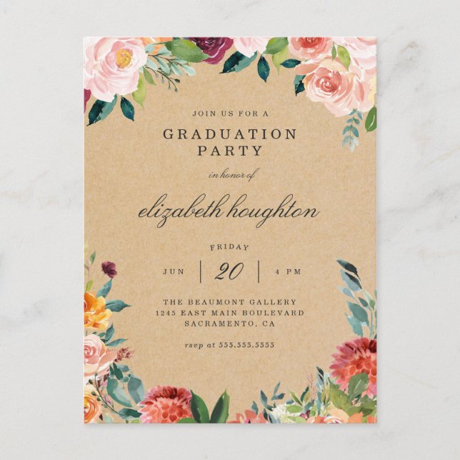 Kraft Burgundy Blush Pink Floral Graduation Party Invitation Postcard (Front)