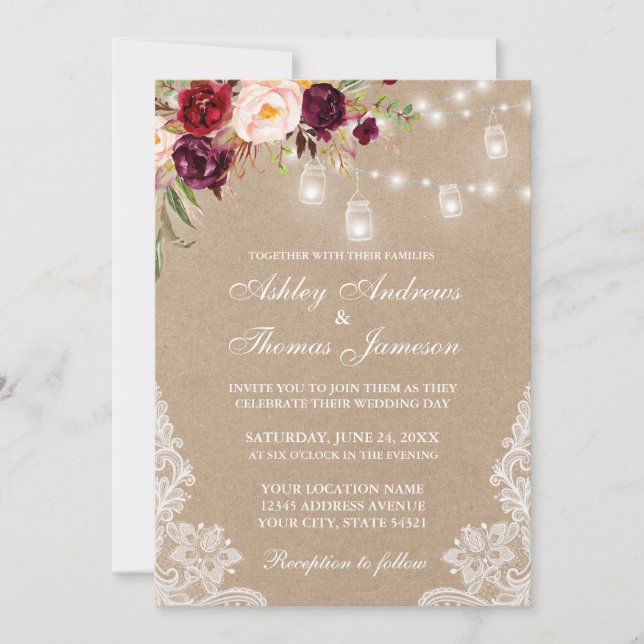 Kraft Burgundy Floral Lace Lights Wedding Invite (Front)