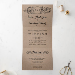 Kraft cardboard floral frame with initials wedding Tri-Fold invitation