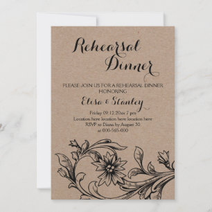 Kraft cardboard floral wedding rehearsal dinner invitation