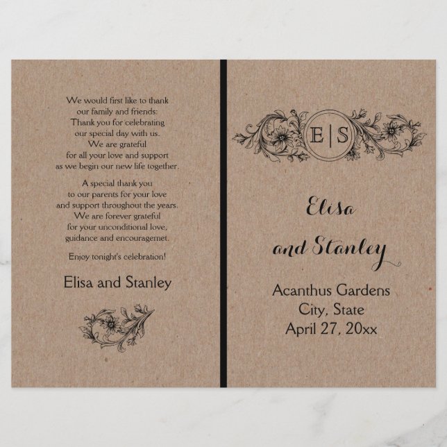 Kraft cardboard vintage floral frame with initials (Front)