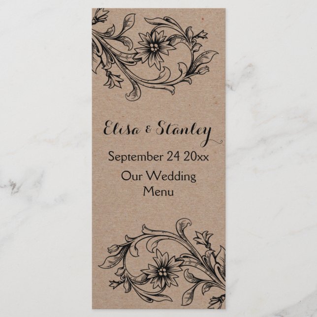 Kraft cardboard vintage floral wedding menu card (Front)