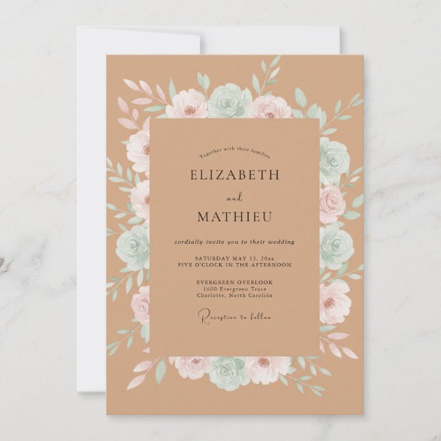 Kraft Celadon Peony Wedding Invitation (Front)
