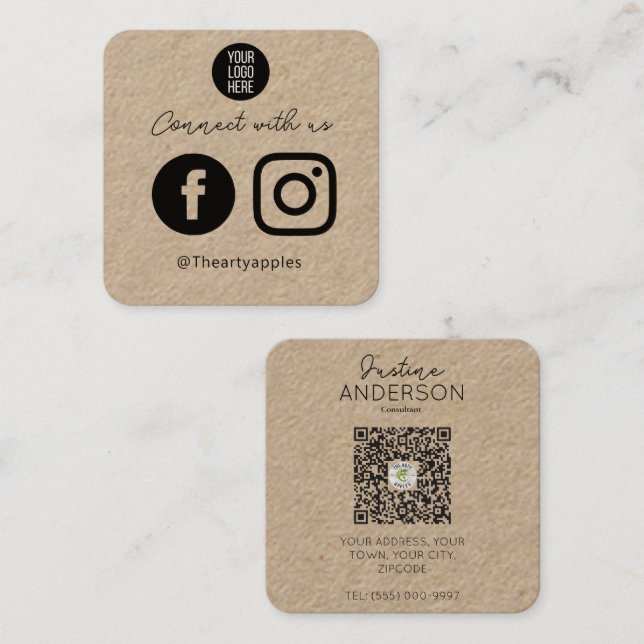 Kraft Connect with Us Social Media QR Code Square Business Card (Front/Back)