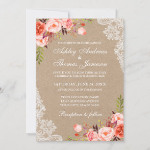 Kraft Coral Floral Lace Wedding Invite
