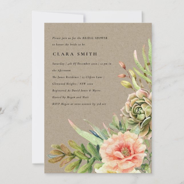 KRAFT DESERT SUCCULENT CACTI FOLIAGE BRIDAL SHOWER INVITATION (Front)