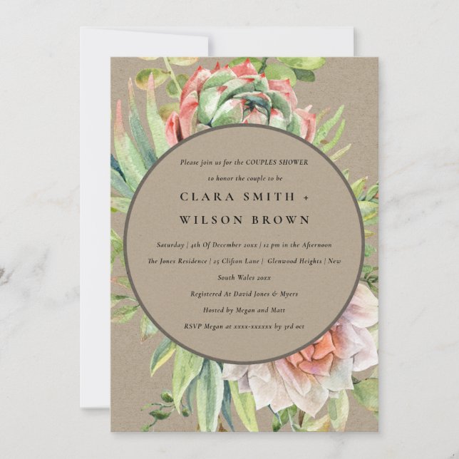 KRAFT DESERT SUCCULENT CACTI FOLIAGE COUPLE SHOWER INVITATION (Front)