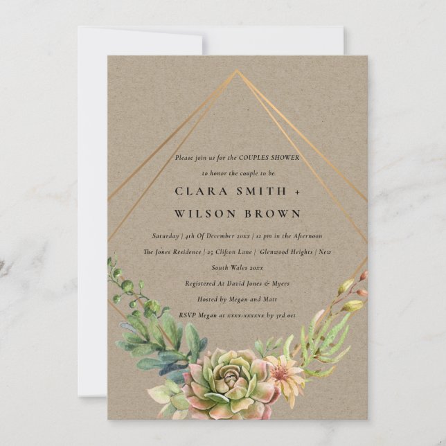KRAFT DESERT SUCCULENT CACTI FOLIAGE COUPLE SHOWER INVITATION (Front)