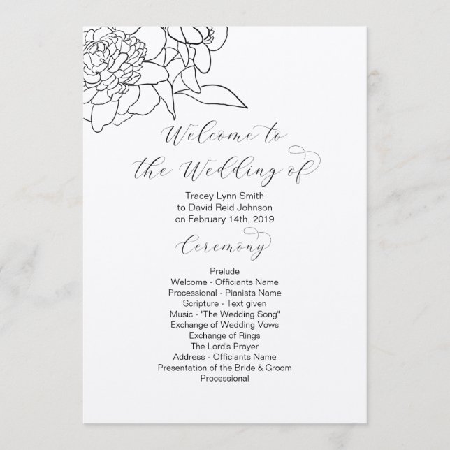 Kraft Drawn Floral Wedding Program 2 sided Programme (Front)