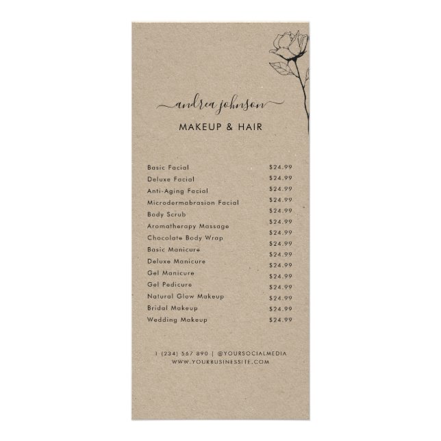 Kraft & Drawn Rose Flower Services Menu Price List (Front)