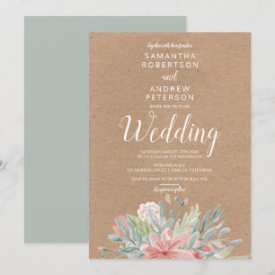 Kraft Dusty pink green floral watercolor wedding Invitation