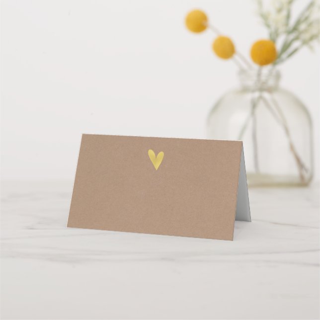 Kraft Effect Gold Heart Wedding Folded Place Cards (Front)