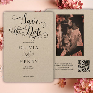 Kraft Elegant Calligraphy Script Photo QR Code Save The Date