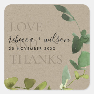 KRAFT EUCALYPTUS WATERCOLOR LOVE & THANKS WEDDING SQUARE STICKER