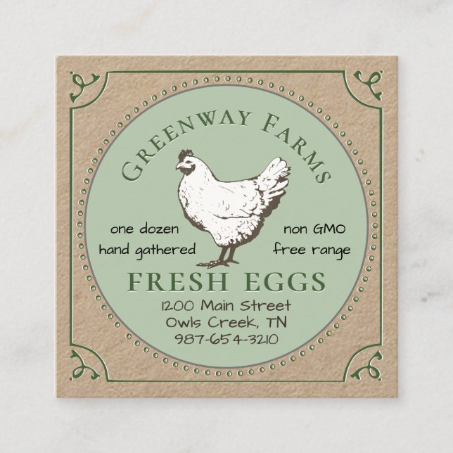 Kraft Farm Name Fresh Eggs Business Card with Hen (Front)