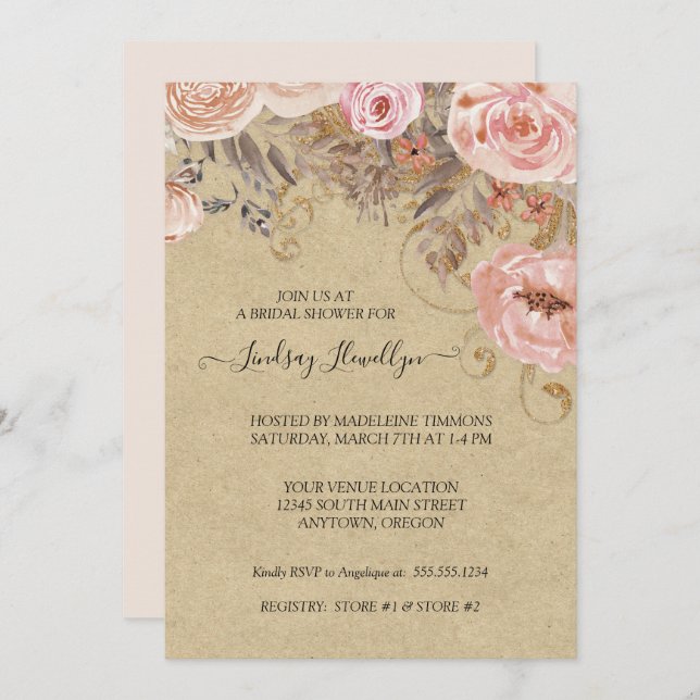 Kraft Floral Boho Peach Rose Gold Bridal Shower Invitation (Front/Back)