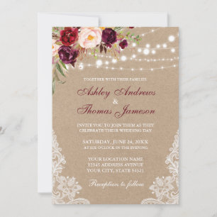 Kraft Floral Burgundy Lights Lace Wedding Invite