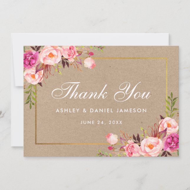 Kraft Floral Pink Blush Gold Wedding Thanks Card (Front)