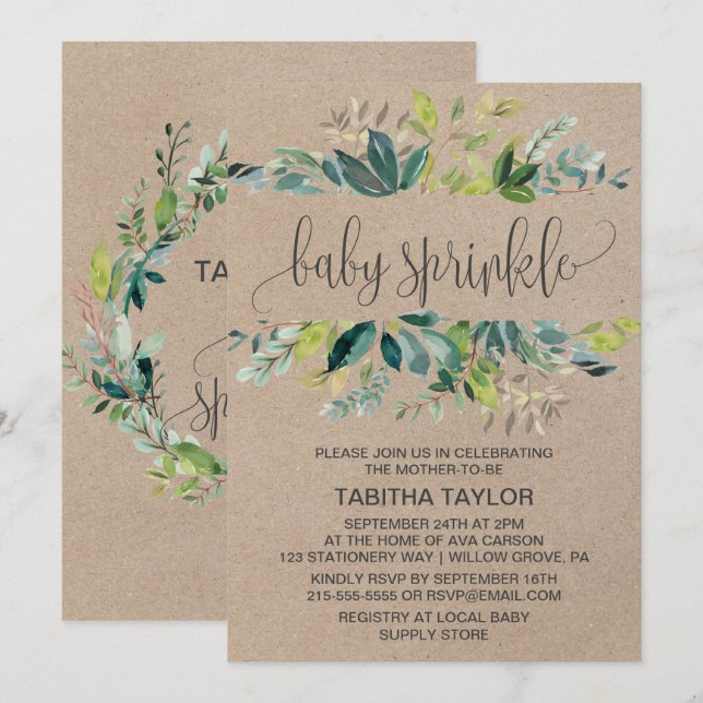 Kraft Foliage Baby Sprinkle Invitation (Front/Back)