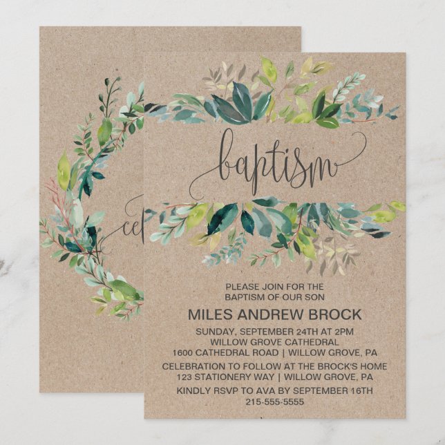 Kraft Foliage Baptism Invitation (Front/Back)