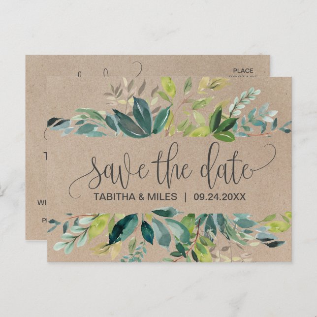 Kraft Foliage Save the Date Announcement Postcard (Front/Back)