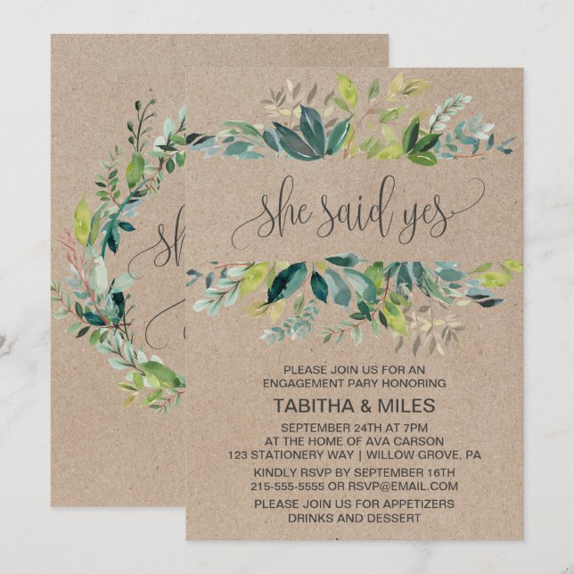Kraft Foliage She Said Yes Engagement Party Invitation (Front/Back)