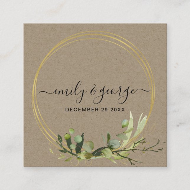 KRAFT FOLIAGE WATERCOLOR WEDDING WEBSITE RSVP SQUARE BUSINESS CARD (Front)