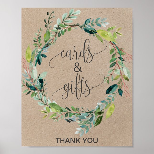 Kraft Foliage Wreath Cards and Gifts Sign (Front)