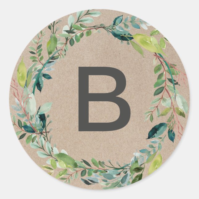 Kraft Foliage Wreath Monogram Envelope Seals (Front)