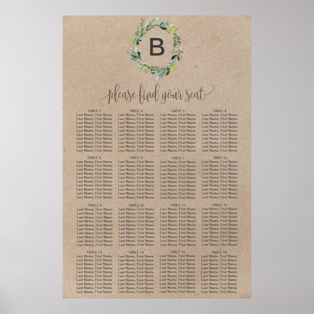 Kraft Foliage Wreath Monogram Seating Chart (Front)