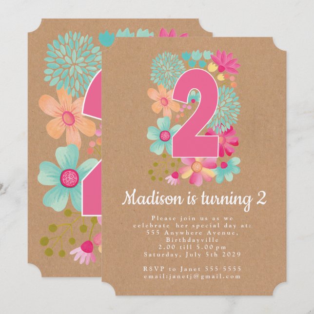 Kraft Girls Floral 2nd Birthday Party Invite (Front/Back)