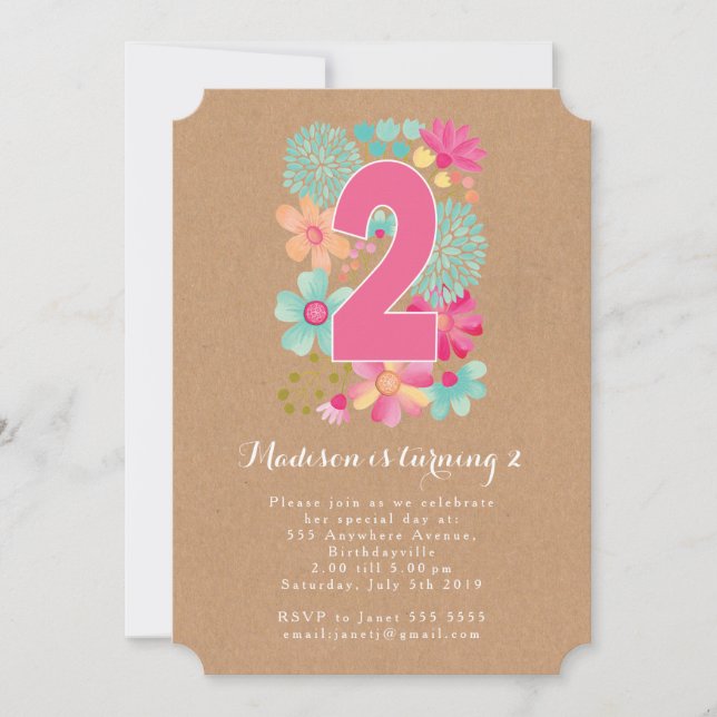 Kraft Girls Floral 2nd Birthday Party Invite (Front)