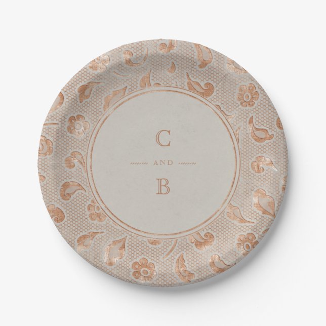 Kraft gold Lace rustic country wedding monogram Paper Plate (Front)