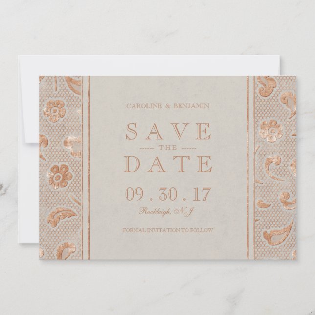 Kraft gold Lace rustic wedding save the date (Front)