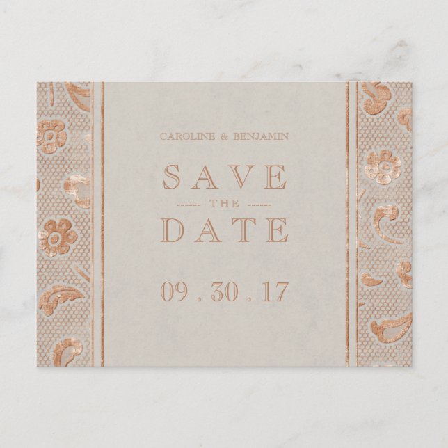 Kraft gold Lace rustic wedding save the date Announcement Postcard (Front)