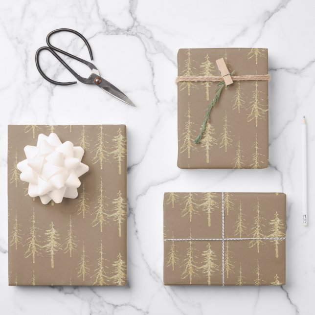 Kraft Gold Woodland Scraggly Sparse Spruce Trees Wrapping Paper Sheet (Front)