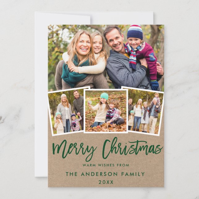 Kraft Green Brush Script 4 Photo Christmas Holiday Card (Front)