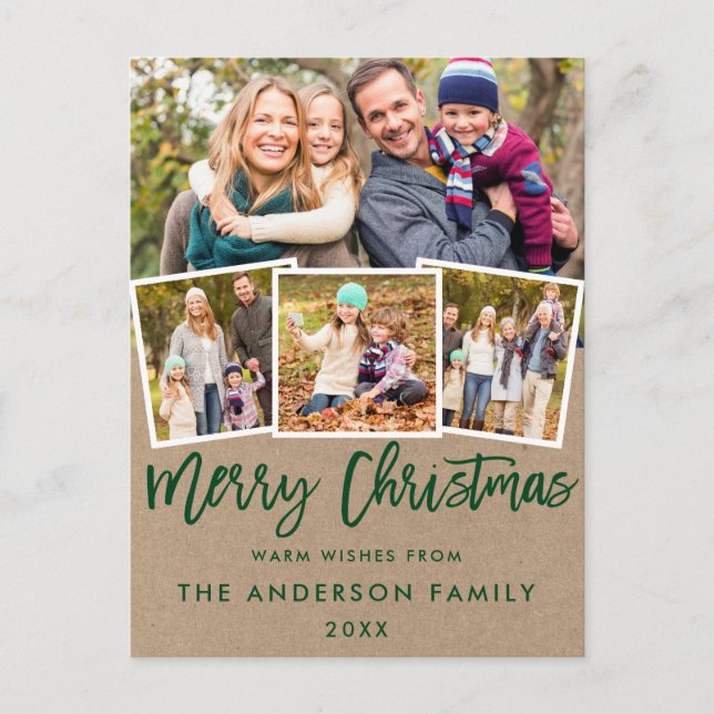Kraft Green Brush Script Merry Christmas 4 Photo Postcard (Front)