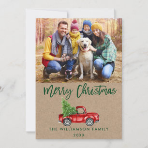 Kraft Green Brush Script Vintage Truck Christmas P Holiday Card