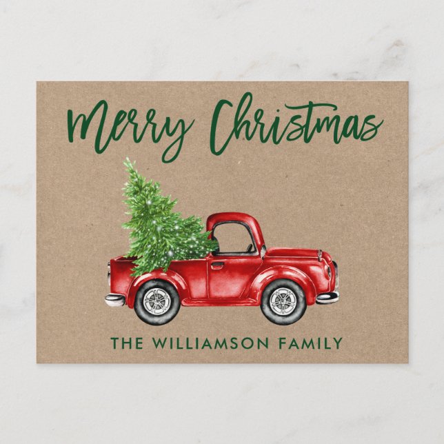 Kraft Green Brush Script Vintage Truck Christmas Postcard (Front)