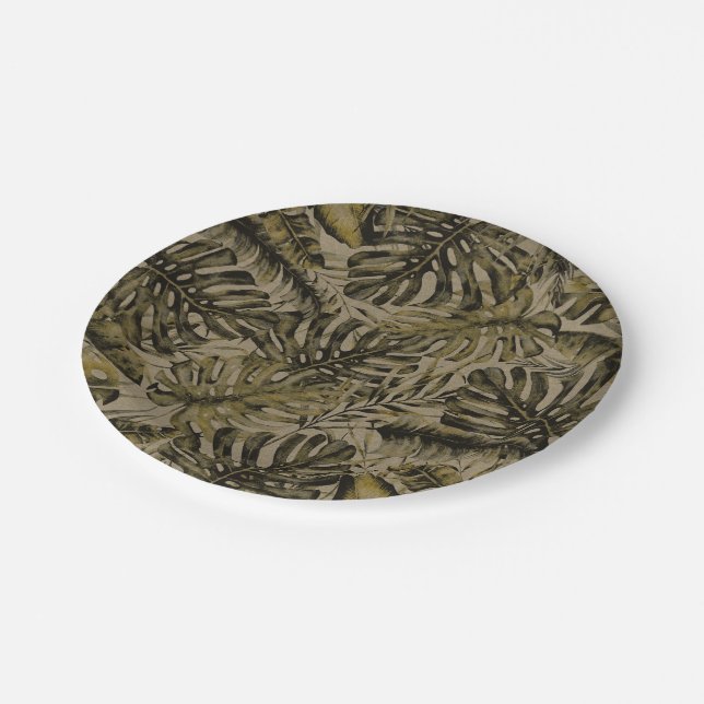Kraft Green Tropical Palm Leaves Chic Wedding Paper Plate (Angled)