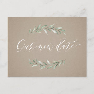 Kraft greenery script save the new date postcard