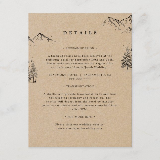 Kraft Hand-drawn Mountains Pines Wedding Details Enclosure Card (Front)