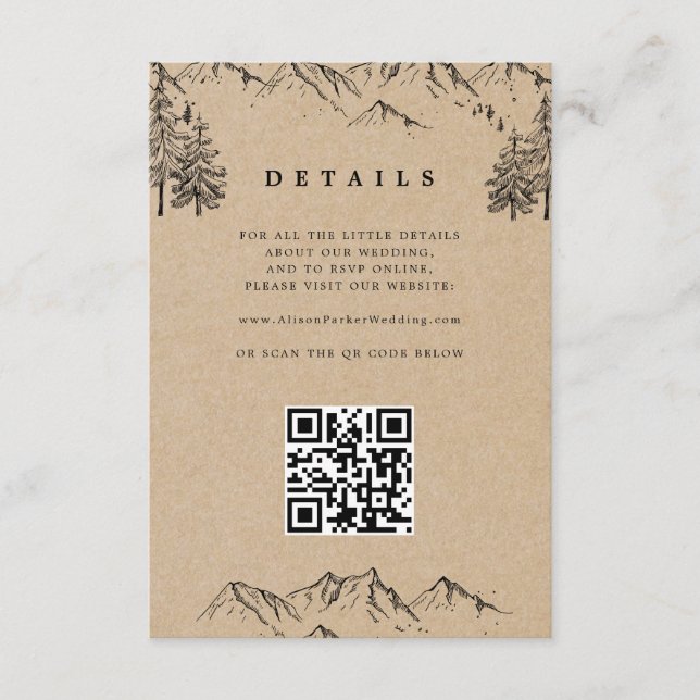 Kraft Hand-drawn Mountains QR Wedding Details Enclosure Card (Front)