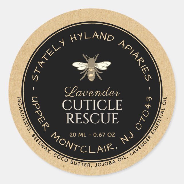 Kraft Handwritten Beeswax Product Label Black Bee (Front)