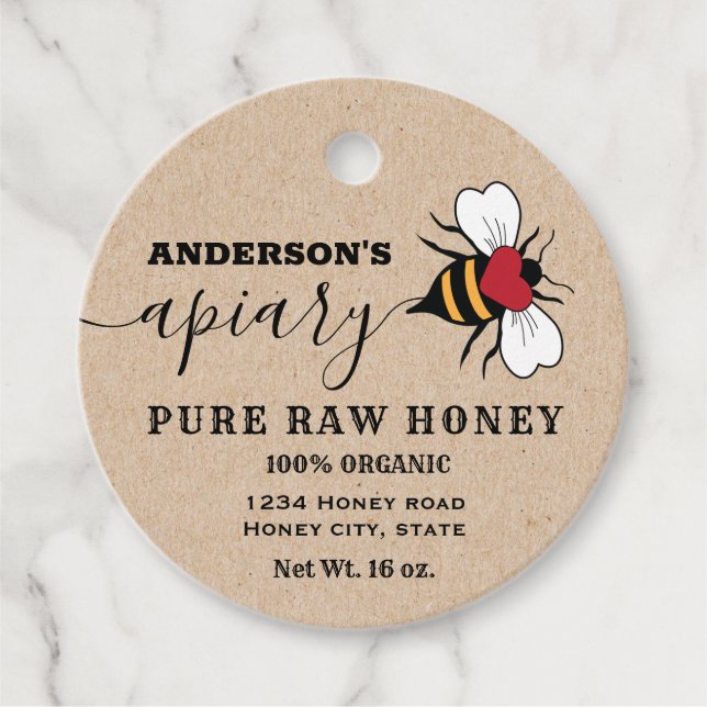 Kraft heart Bee script apiary honey jar label (Front)