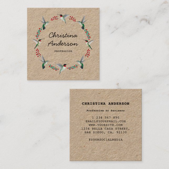 Kraft Hummingbird Wreath Square Business Card (Front/Back)