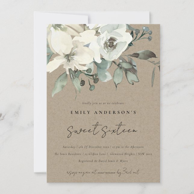 KRAFT IVORY WHITE FLORAL BUNCH SWEET 16 BIRTHDAY INVITATION (Front)