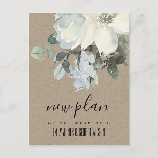 KRAFT IVORY WHITE FLORAL BUNCH WEDDING NEW PLAN ANNOUNCEMENT POSTCARD (Front)